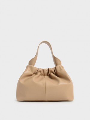 Charles & Keith Ally Ruched Slouchy Tote Veske Beige | JVYGW0741