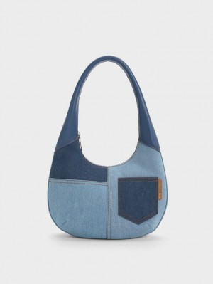 Charles & Keith Anthea Denim Contrast-Trim Curved Hobo Veske Blå | DSKZM2561