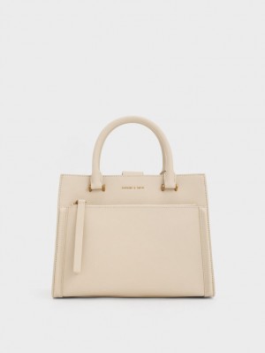 Charles & Keith Anwen Structured Tote Veske Beige | OBQFL1238