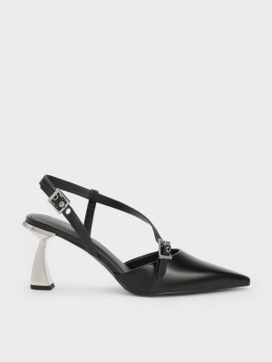 Charles & Keith Asymmetric Curved Heel Slingback Pumps Svarte | HRILD6510