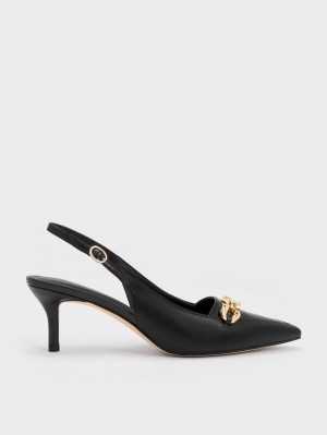 Charles & Keith Avani Chunky Chain-Embellished Slingback Pumps Svarte | XMSJP6437