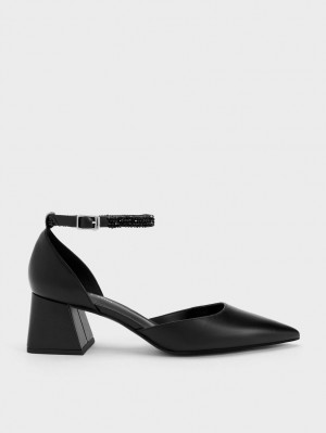 Charles & Keith Beaded Ankle-Reima D'Orsay Pumps Svarte | ZQFHJ4658