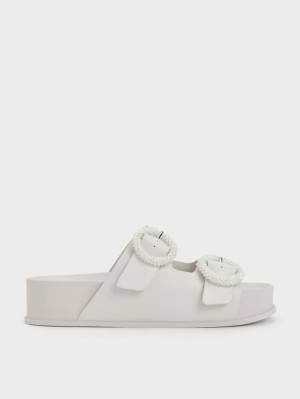 Charles & Keith Beaded Circle Slidesandaler Hvite | FQXRO2365