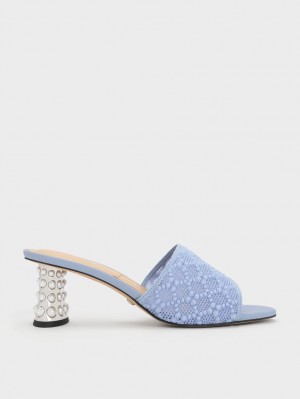 Charles & Keith Beaded Heel Crochet Mules Sko Blå | EYKNM8019