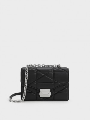 Charles & Keith Blanche Chevron Chain Håndveske Svarte | CBQOT6413