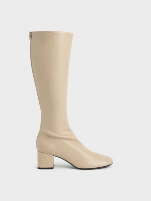 Charles & Keith Block Heel Knehøye Støvletter Beige | JVTWA0538