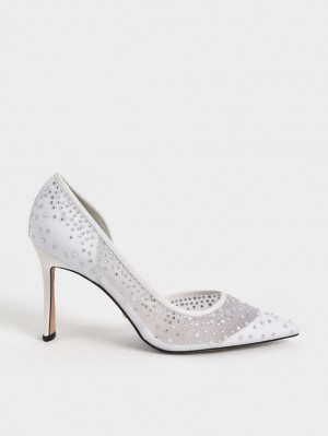 Charles & Keith Blythe Mesh Embellished Half-D'Orsay Pumps Hvite | DMRNU8746