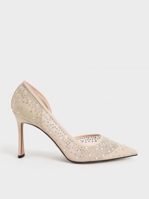 Charles & Keith Blythe Mesh Embellished Half-D'Orsay Pumps Beige | PFGNC5632