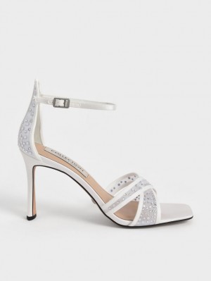 Charles & Keith Blythe Mesh & Satin Embellished Sandaler med Hæl Hvite | RZGSJ6792