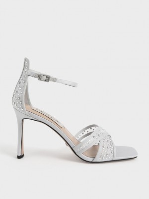 Charles & Keith Blythe Mesh & Satin Embellished Sandaler med Hæl Sølv | MWLKT8215