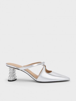 Charles & Keith Bow Crossover Gem-Embellished Mules Sko Sølv | QBNTC2678