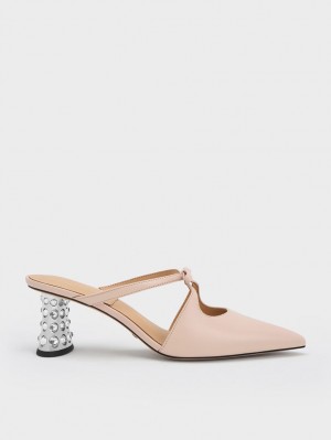 Charles & Keith Bow Crossover Gem-Embellished Mules Sko Beige | ELAJD2814