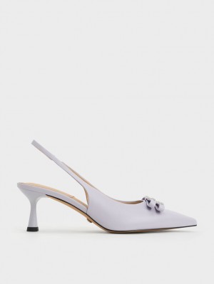 Charles & Keith Bow Crystal-Embellished Lær Slingback Pumps Lilla | LKWEB5362