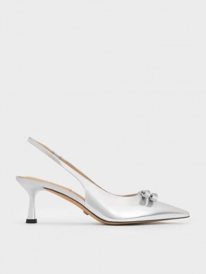 Charles & Keith Bow Crystal-Embellished Metallic Lær Slingback Pumps Sølv | YVIKJ5102