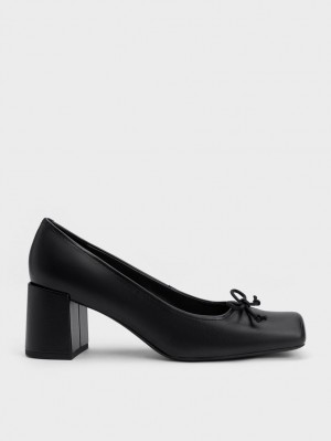 Charles & Keith Bow Square-Tå Pumps Svarte | KYINR9387