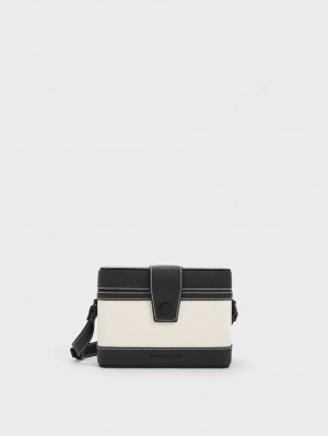 Charles & Keith Bronte Contrast-Trim Boxy Crossbody Veske Svarte Hvite | MUVED4026