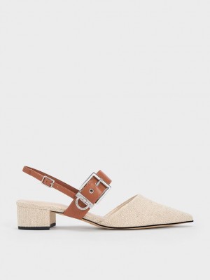 Charles & Keith Buckled Reima Linen Slingback Pumps Beige | XJMOF3074