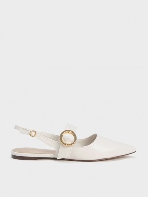 Charles & Keith Buckled Reima Slingback Flate Sko Hvite | MDNEB1648