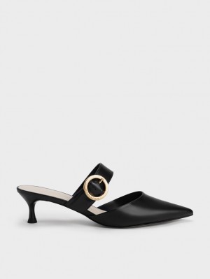 Charles & Keith Buckled Reima Spool Heel Mules Sko Svarte | IOKEB2317