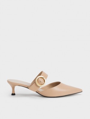 Charles & Keith Buckled Reima Spool Heel Mules Sko Beige | DHTZC5014