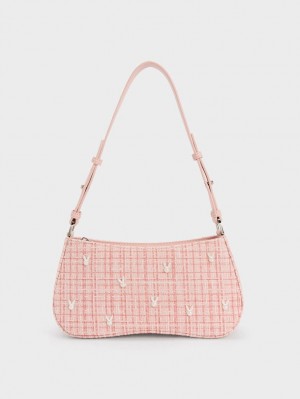 Charles & Keith Bunny Tweed Skulderveske Rosa | PTJHI8409