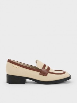 Charles & Keith Canvas Cut-Out Penny Loafers Beige | LGTPD3851