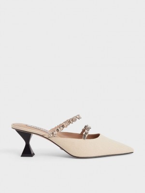 Charles & Keith Canvas Double Gem Reima Mules Sko Beige | SGMPO0798