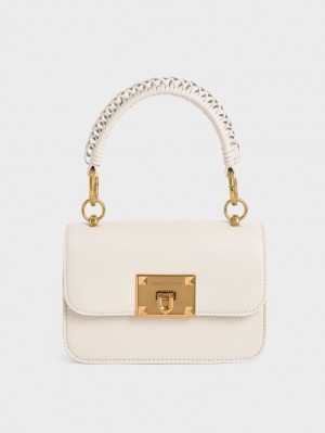 Charles & Keith Canvas Metallic Turn-Lock Skulderveske Hvite | MVPJO7932