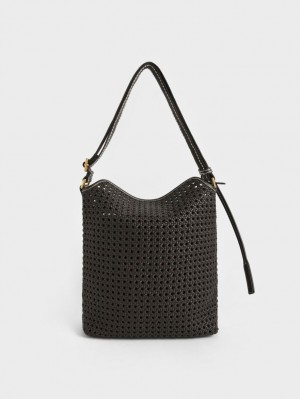 Charles & Keith Cecily Woven Large Skulderveske Svarte | LHCZV4518