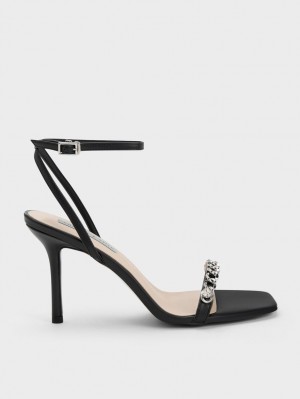 Charles & Keith Chain-Embellished Ankle Sandaler Med Reim Svarte | NYKUP3819