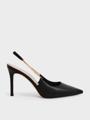 Charles & Keith Chain-Link Slingback Stiletto Pumps Svarte | DMVEJ8943