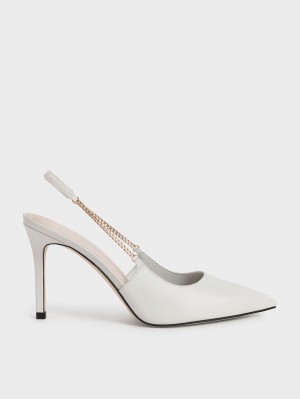 Charles & Keith Chain-Link Slingback Stiletto Pumps Hvite | KMZFL7249