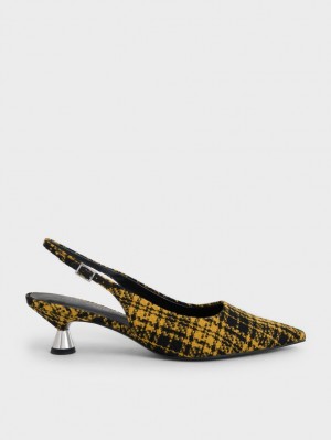 Charles & Keith Checkered Spool Heel Slingback Pumps Gul | KHGML4028