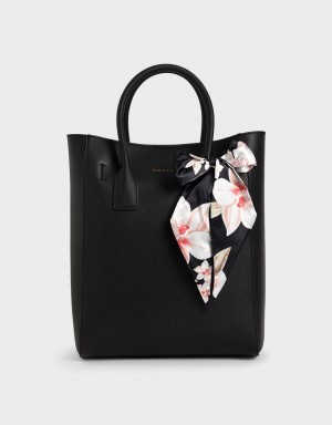 Charles & Keith Chiffon Scarf Tote Veske Svarte | TUANZ3174