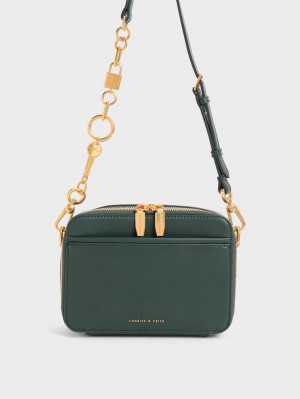 Charles & Keith Chunky Chain Handle Two-Way Zip Crossbody Veske Mørke Grønn | FMWGK8162