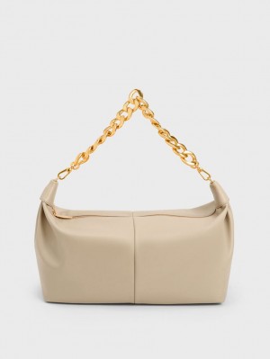 Charles & Keith Chunky Chain Link Hobo Veske Beige | LGQBX1537