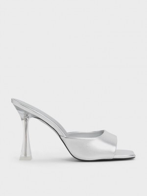 Charles & Keith Clear Flared Heel Metallic Mules Sko Sølv | IMSAJ0476