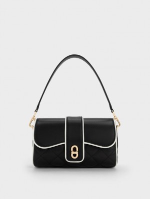 Charles & Keith Contrast-Trim Belted Crossbody Veske Svarte | SEOXH8726