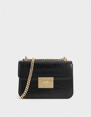 Charles & Keith Croc-Effect Chain Reima Crossbody Veske Svarte | OKJLS0847