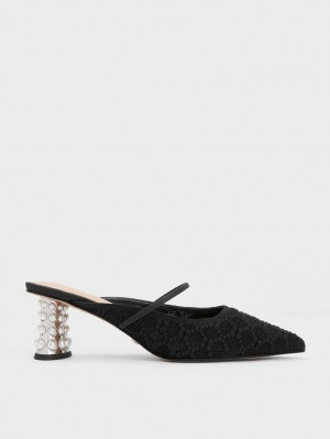 Charles & Keith Crochet & Lær Beaded Heel Mules Sko Svarte | DPAQG7068