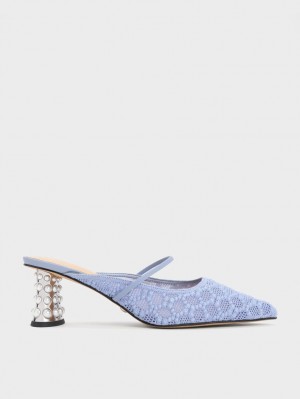 Charles & Keith Crochet & Lær Beaded Heel Mules Sko Blå | UFKYN9302