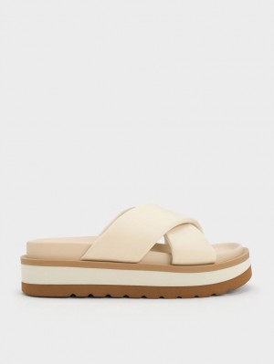 Charles & Keith Crossover Platform Slidesandaler Pisket Krem | WJMPG4126