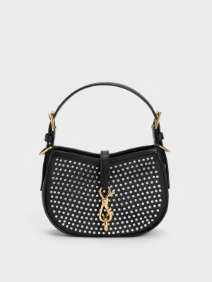 Charles & Keith Crystal-Embellished Belted Skulderveske Svarte | LHXPG3185