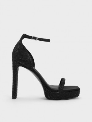 Charles & Keith Crystal Ankle-Reima Platåsandaler Svarte | NGQXL7365