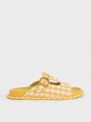 Charles & Keith Cut-Out Linen Gingham-Print Buckled Badesandaler Gul | SAUDT6420