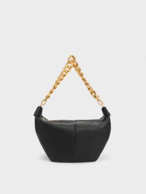 Charles & Keith Daki Chain Handle Hobo Veske Svarte | SMGNO7835