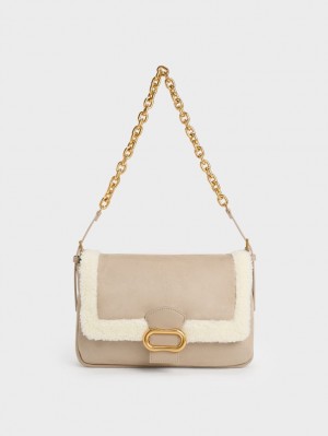 Charles & Keith Daki Fur-Trim Belted Trapeze Skulderveske Beige | VBGKD3459