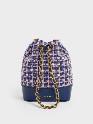 Charles & Keith Dancer Tweed Drawstring Bøtteposer Marineblå | UWNEG1849