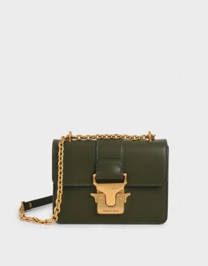 Charles & Keith Double Handle Metallic Push-Lock Skulderveske Olivengrønne | CYMUA9685