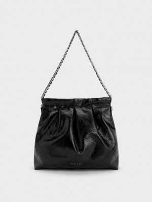 Charles & Keith Duo Double Chain Hobo Veske Svarte | YGVEX7658